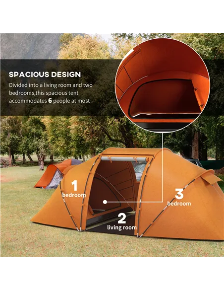 Outsunny 4-6 Man Camping Tent with Living Area and 2 Bedrooms, Hiking Sun Shelter, UV Protection Tunnel Tent, Orange
