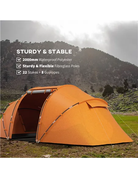 Outsunny 4-6 Man Camping Tent with Living Area and 2 Bedrooms, Hiking Sun Shelter, UV Protection Tunnel Tent, Orange