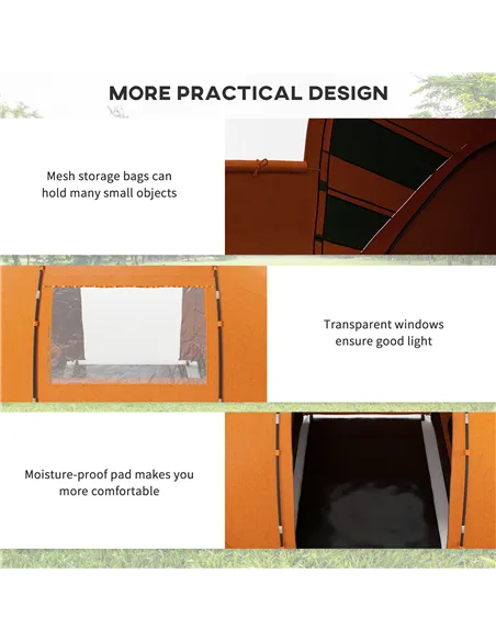 Outsunny 4-6 Man Camping Tent with Living Area and 2 Bedrooms, Hiking Sun Shelter, UV Protection Tunnel Tent, Orange