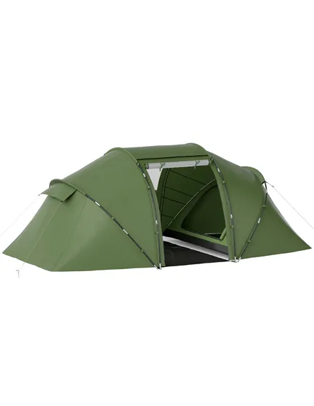 Outsunny 4-6 Man Camping Tent with Living Area and 2 Bedrooms, Hiking Sun Shelter, UV Protection Tunnel Tent, Dark Green