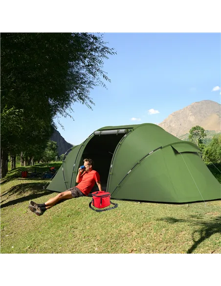 Outsunny 4-6 Man Camping Tent with Living Area and 2 Bedrooms, Hiking Sun Shelter, UV Protection Tunnel Tent, Dark Green