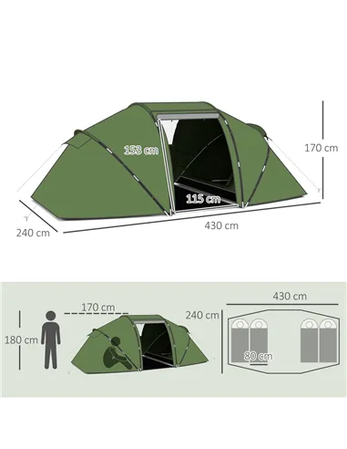 Outsunny 4-6 Man Camping Tent with Living Area and 2 Bedrooms, Hiking Sun Shelter, UV Protection Tunnel Tent, Dark Green