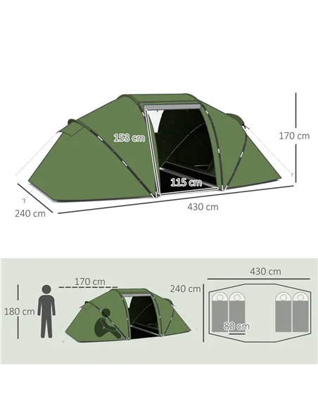 Outsunny 4-6 Man Camping Tent with Living Area and 2 Bedrooms, Hiking Sun Shelter, UV Protection Tunnel Tent, Dark Green