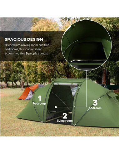 Outsunny 4-6 Man Camping Tent with Living Area and 2 Bedrooms, Hiking Sun Shelter, UV Protection Tunnel Tent, Dark Green