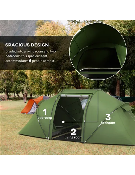 Outsunny 4-6 Man Camping Tent with Living Area and 2 Bedrooms, Hiking Sun Shelter, UV Protection Tunnel Tent, Dark Green