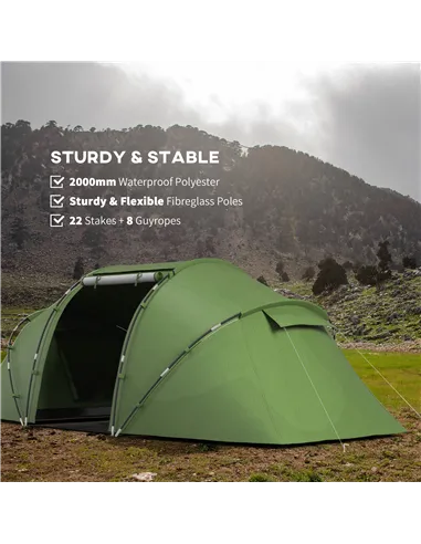 Outsunny 4-6 Man Camping Tent with Living Area and 2 Bedrooms, Hiking Sun Shelter, UV Protection Tunnel Tent, Dark Green