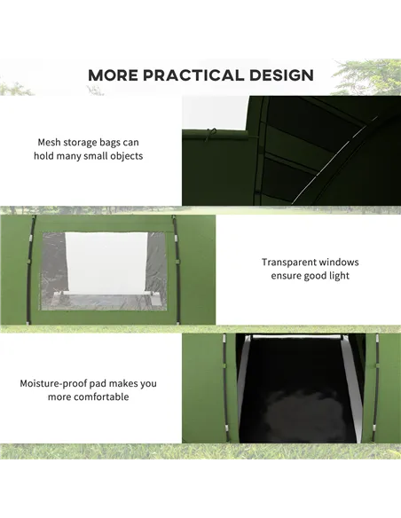 Outsunny 4-6 Man Camping Tent with Living Area and 2 Bedrooms, Hiking Sun Shelter, UV Protection Tunnel Tent, Dark Green