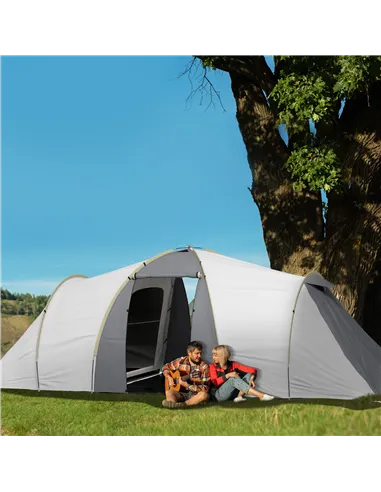 Outsunny Four-Man Tunnel Tent, with Two Bedrooms and Living Room - Grey/Yellow