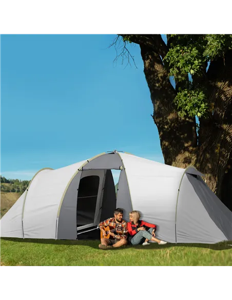 Outsunny Four-Man Tunnel Tent, with Two Bedrooms and Living Room - Grey/Yellow