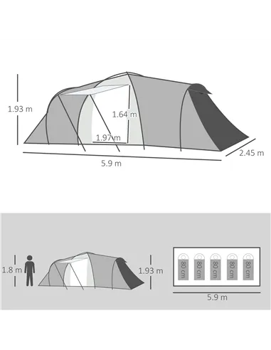 Outsunny Four-Man Tunnel Tent, with Two Bedrooms and Living Room - Grey/Yellow