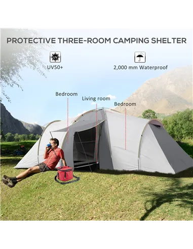 Outsunny Four-Man Tunnel Tent, with Two Bedrooms and Living Room - Grey/Yellow