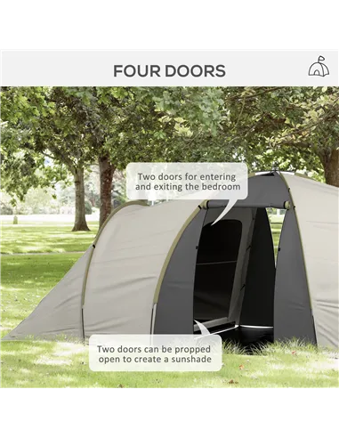 Outsunny Four-Man Tunnel Tent, with Two Bedrooms and Living Room - Grey/Yellow