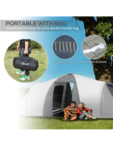 Outsunny Four-Man Tunnel Tent, with Two Bedrooms and Living Room - Grey/Yellow