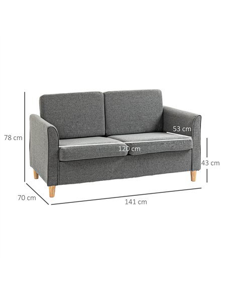 HOMCOM Compact Loveseat Sofa, Modern 2 Seater Sofa for Living Room with Wood Legs and Armrests, Grey