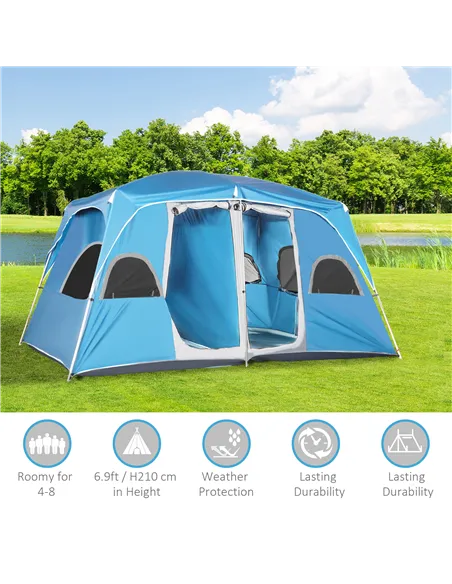 Outsunny 4-8 Person Camping Tent Family Tent with 2 Room, Mesh Windows, Easy Set Up for Backpacking, Hiking, Outdoor, Blue