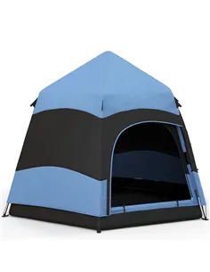 Outsunny Six Man Hexagon Camping Tent with Hang Hook and Carry Bag - Blue and Black