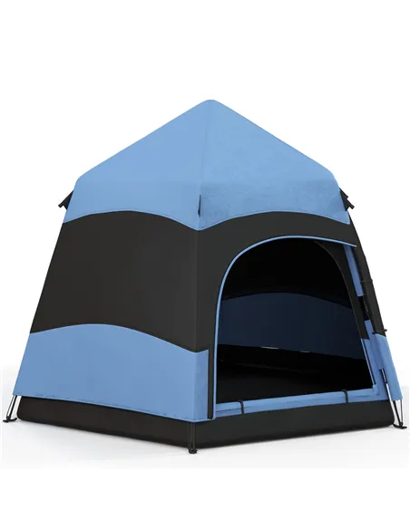 Outsunny Six Man Hexagon Camping Tent with Hang Hook and Carry Bag - Blue and Black