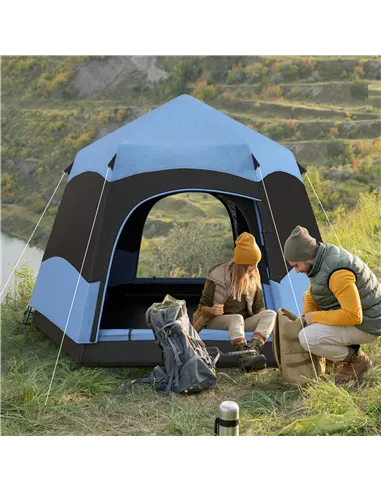 Outsunny Six Man Hexagon Camping Tent with Hang Hook and Carry Bag - Blue and Black