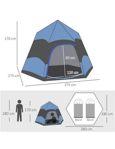 Outsunny Six Man Hexagon Camping Tent with Hang Hook and Carry Bag - Blue and Black