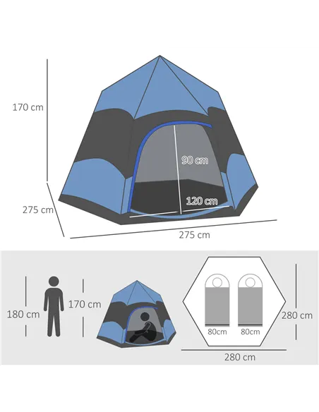 Outsunny Six Man Hexagon Camping Tent with Hang Hook and Carry Bag - Blue and Black