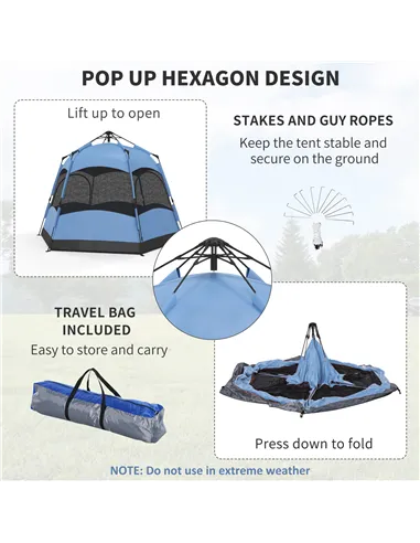 Outsunny Six Man Hexagon Camping Tent with Hang Hook and Carry Bag - Blue and Black