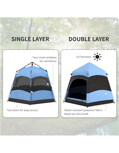 Outsunny Six Man Hexagon Camping Tent with Hang Hook and Carry Bag - Blue and Black