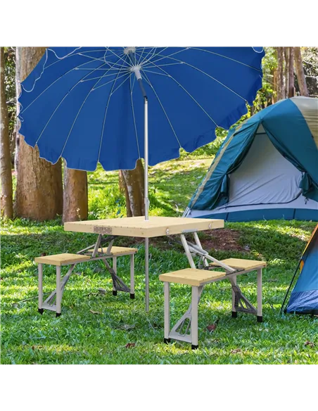 Outsunny Aluminium Frame Folding Picnic Table, Portable Camping Table and Chairs Set with Umbrella Hole