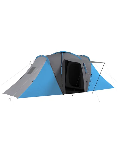 Outsunny Large Camping Tent Tunnel Tent with 2 Bedroom and Living Area, 2000mm Waterproof, Portable with Bag for 4-6 Man, Blue