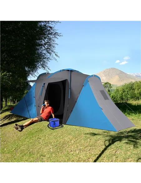 Outsunny Large Camping Tent Tunnel Tent with 2 Bedroom and Living Area, 2000mm Waterproof, Portable with Bag for 4-6 Man, Blue