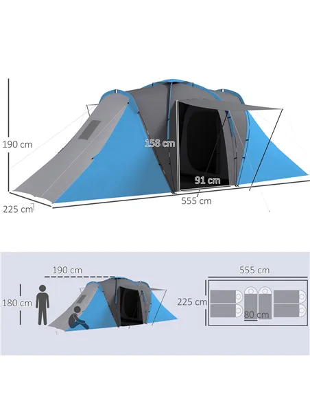 Outsunny Large Camping Tent Tunnel Tent with 2 Bedroom and Living Area, 2000mm Waterproof, Portable with Bag for 4-6 Man, Blue