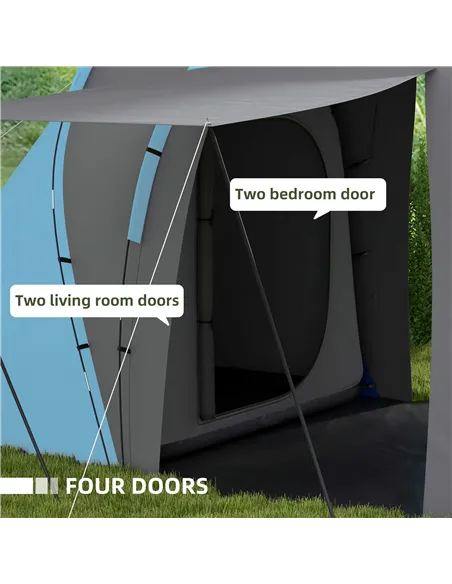 Outsunny Large Camping Tent Tunnel Tent with 2 Bedroom and Living Area, 2000mm Waterproof, Portable with Bag for 4-6 Man, Blue