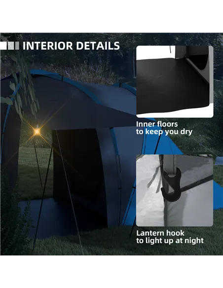 Outsunny Large Camping Tent Tunnel Tent with 2 Bedroom and Living Area, 2000mm Waterproof, Portable with Bag for 4-6 Man, Blue