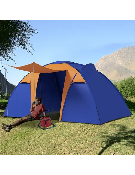 Outsunny Camping Tent with 2 Bedroom, Living Area and Porch, 4-6 Man Large Tunnel Tent, 2000mm Waterproof, Portable with Bag
