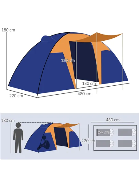 Outsunny Camping Tent with 2 Bedroom, Living Area and Porch, 4-6 Man Large Tunnel Tent, 2000mm Waterproof, Portable with Bag