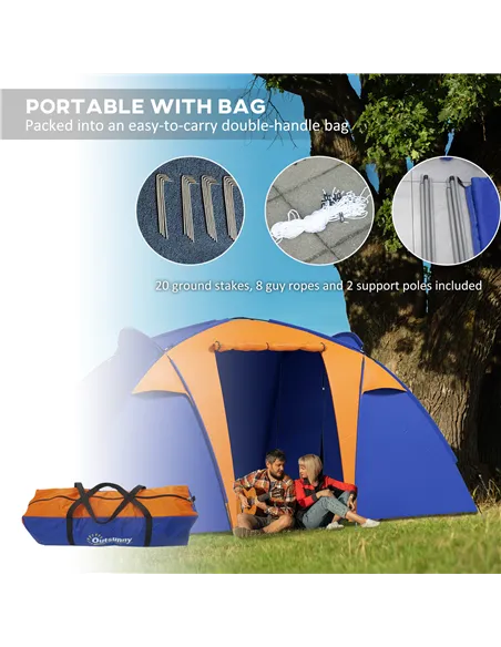 Outsunny Camping Tent with 2 Bedroom, Living Area and Porch, 4-6 Man Large Tunnel Tent, 2000mm Waterproof, Portable with Bag