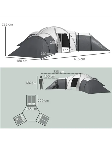 Outsunny 6-9 Man Tent with Bedrooms and Living Room, Accessories Included, Dark Grey