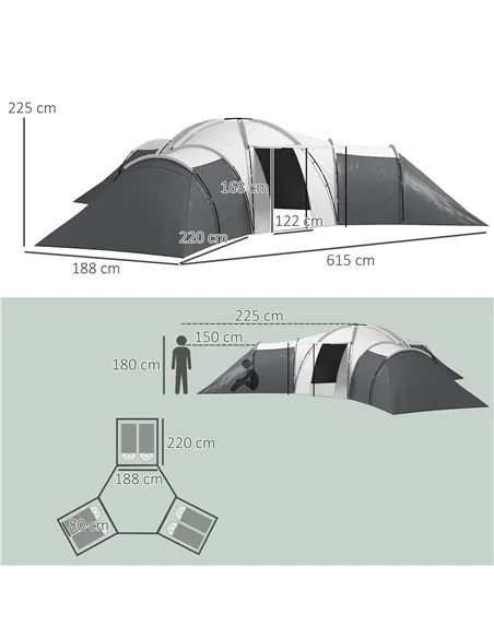 Outsunny 6-9 Man Tent with Bedrooms and Living Room, Accessories Included, Dark Grey