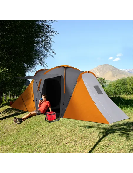 Outsunny Large Camping Tent Tunnel Tent with 2 Bedroom and Living Area, 2000mm Waterproof, Portable with Bag for 4-6 Man, Orange