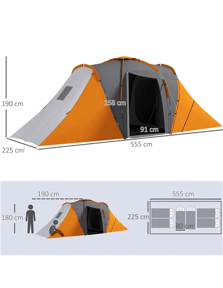 Outsunny Large Camping Tent Tunnel Tent with 2 Bedroom and Living Area, 2000mm Waterproof, Portable with Bag for 4-6 Man, Orange