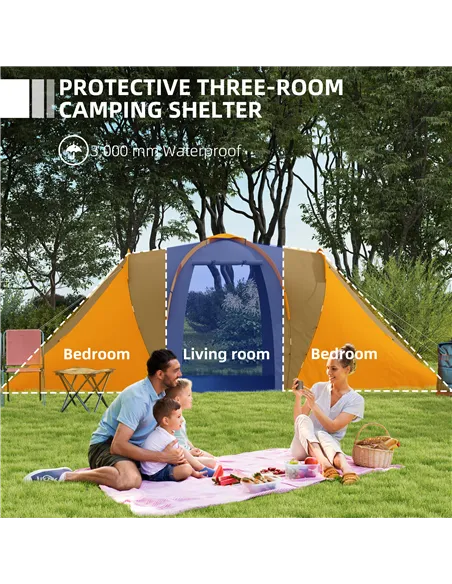 Outsunny Large Camping Tent Tunnel Tent with 2 Bedroom and Living Area, 2000mm Waterproof, Portable with Bag for 4-6 Man, Orange