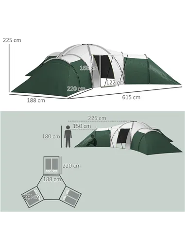 Outsunny 6-9 Man Tent with Bedrooms and Living Room, Accessories Included, Green