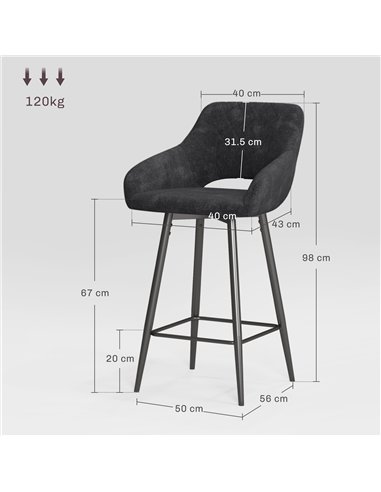 HOMCOM Set of Two Velvet-Feel Bar Stools - Grey