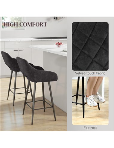 HOMCOM Set of Two Velvet-Feel Bar Stools - Grey