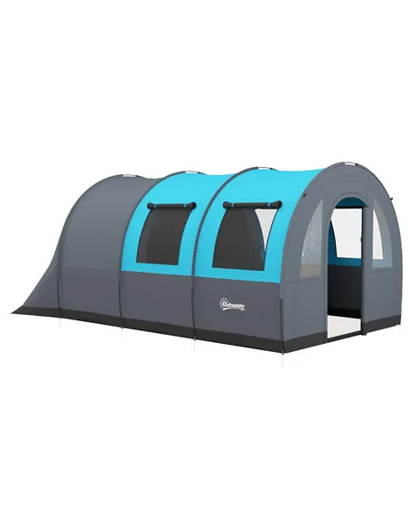 Outsunny Six Man Duo Room Tunnel Tent, with Accessories - Grey/Blue
