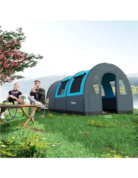 Outsunny Six Man Duo Room Tunnel Tent, with Accessories - Grey/Blue