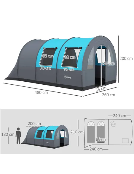 Outsunny Six Man Duo Room Tunnel Tent, with Accessories - Grey/Blue