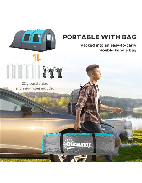 Outsunny Six Man Duo Room Tunnel Tent, with Accessories - Grey/Blue