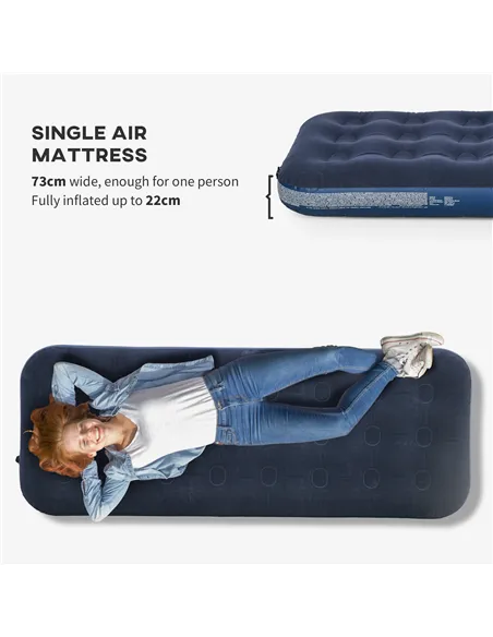 Outsunny Single Air Bed with Hand Pump, Inflatable Mattress with Flocked Surface for Guest, Camping, Travel, 191 x 73 x 22cm, Bl
