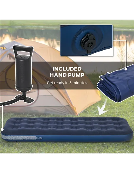 Outsunny Single Air Bed with Hand Pump, Inflatable Mattress with Flocked Surface for Guest, Camping, Travel, 191 x 73 x 22cm, Bl