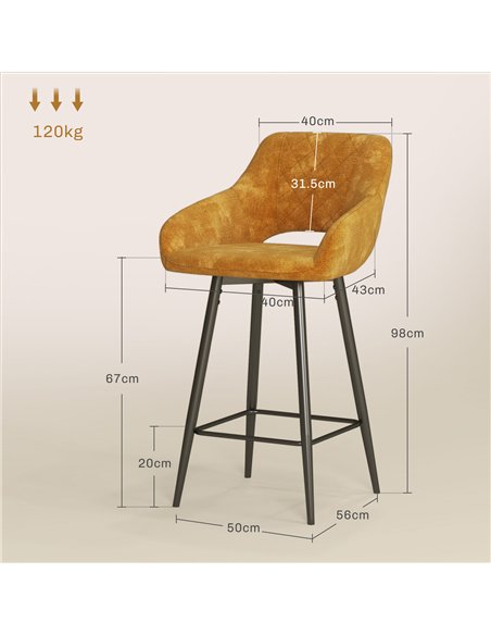 HOMCOM Set of Two Velvet-Feel Bar Stools - Brown